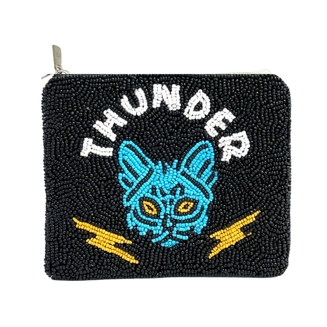 Black beaded pouch with blue fox design and 'THUNDER' text on a white background