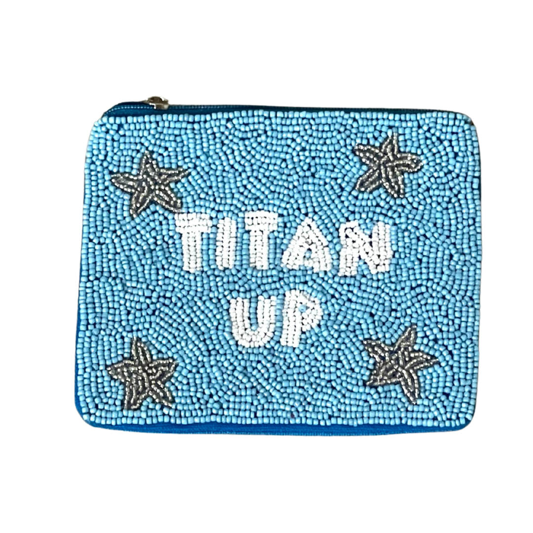 Blue beaded pouch with 'TITAN UP' text and starfish designs on a white background