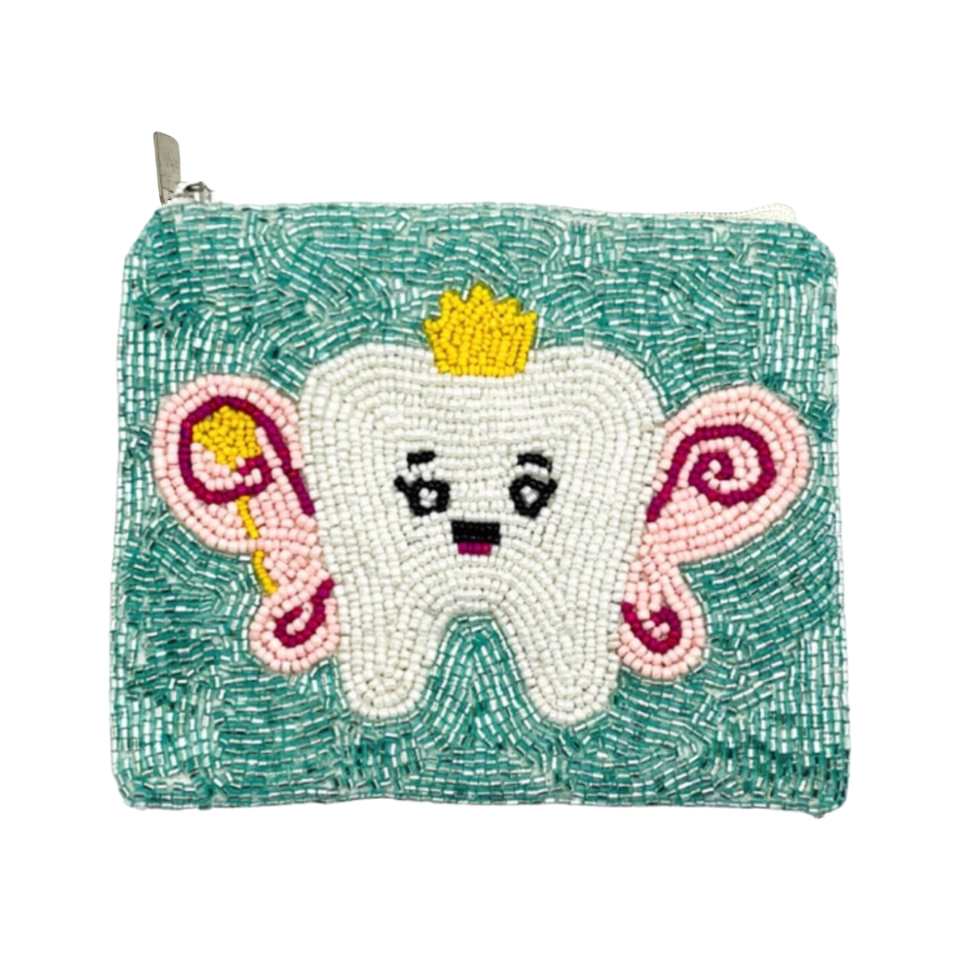 Beaded pouch with a tooth design and crown on a white background