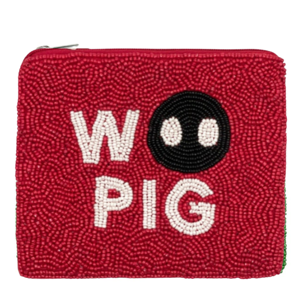 Red beaded pouch with 'W Pig' text and pig face design on a white background