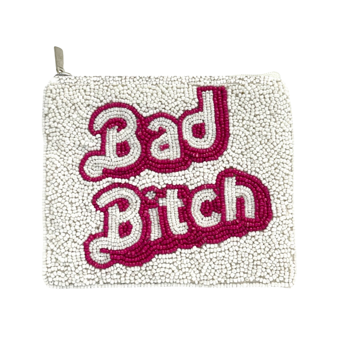 Pouch with 'Bad Bitch' text in red and white on a textured surface