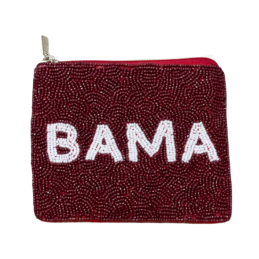 Red beaded pouch with 'BAMA' text on a white background
