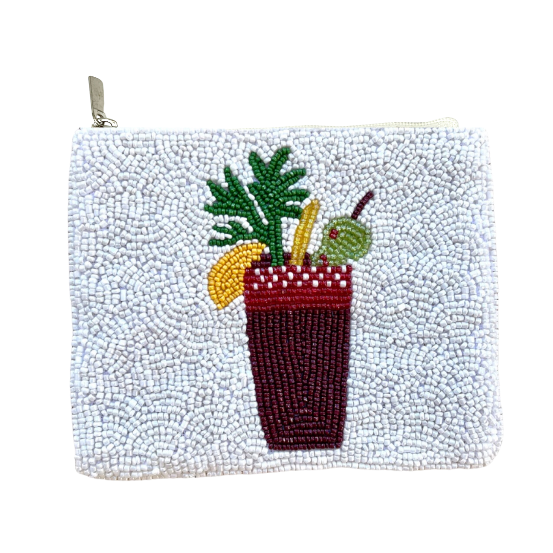 Beaded pouch with a cocktail design on a white background