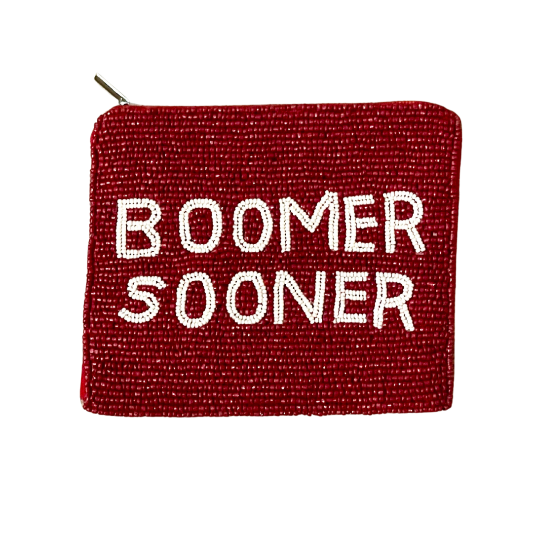 Red pouch with 'Boomer Sooner' text on a white background