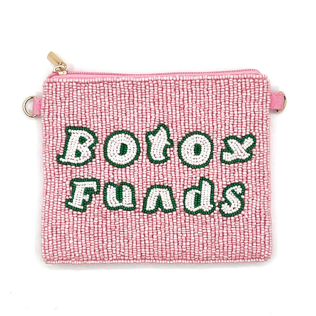 Pink pouch with 'Botox Funds' text in green on a white background