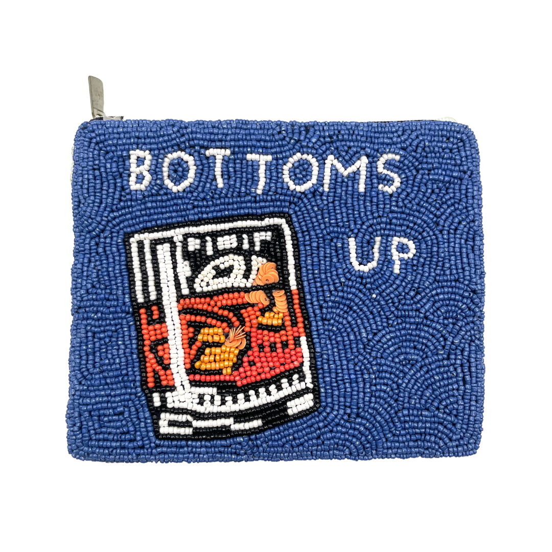 Blue beaded pouch with 'BOTTOMS UP' text and a graphic of a beer bottle on a white background