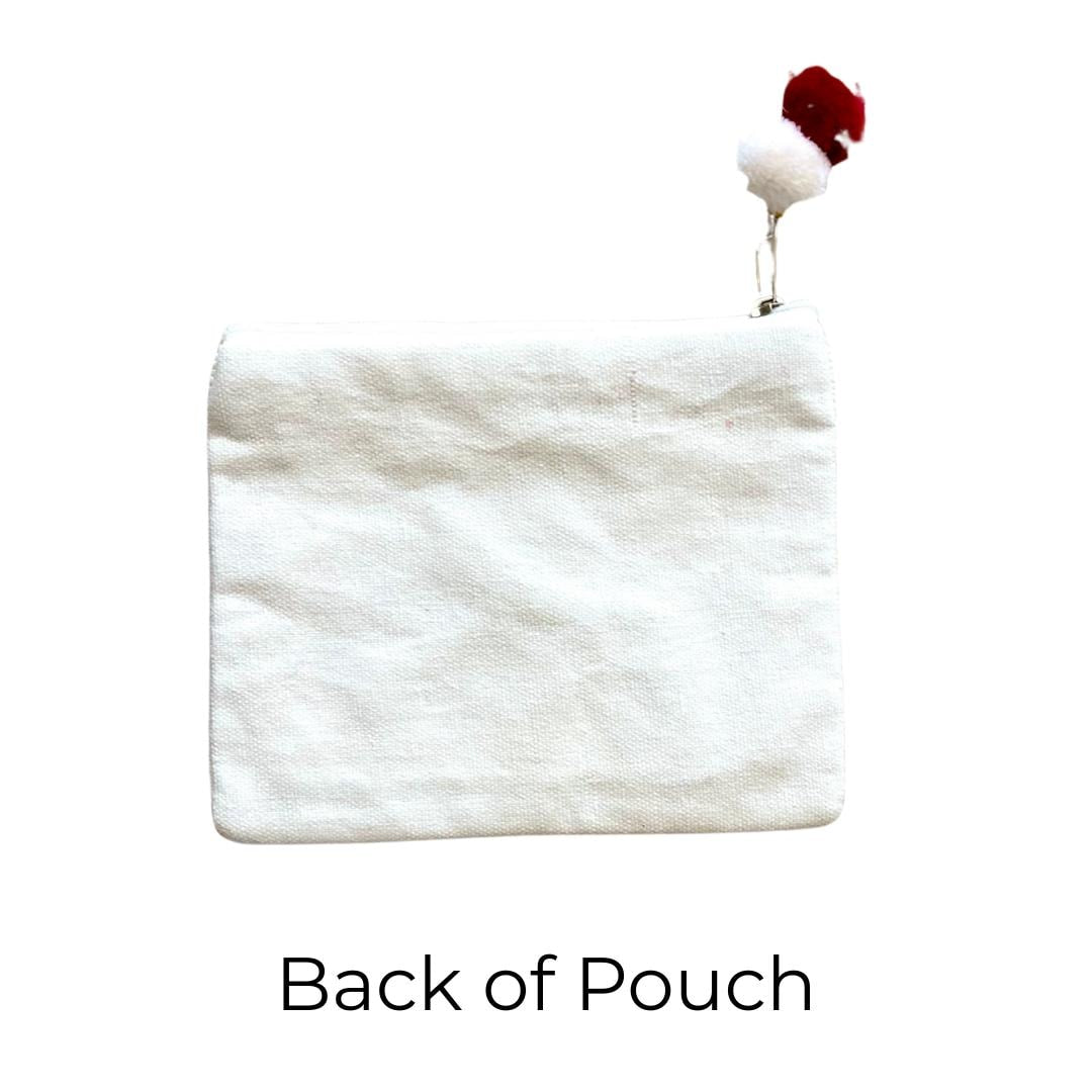 Back view of a pouch with a red tag on a white background