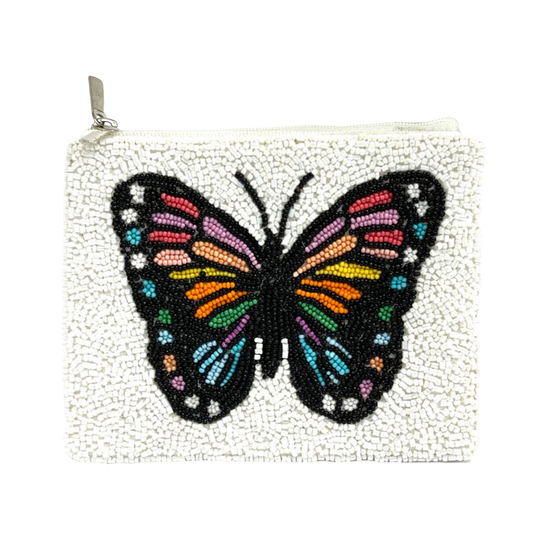 Purse with a colorful butterfly design on a white background