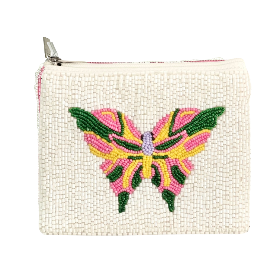 Beaded pouch with a colorful butterfly design on a white background