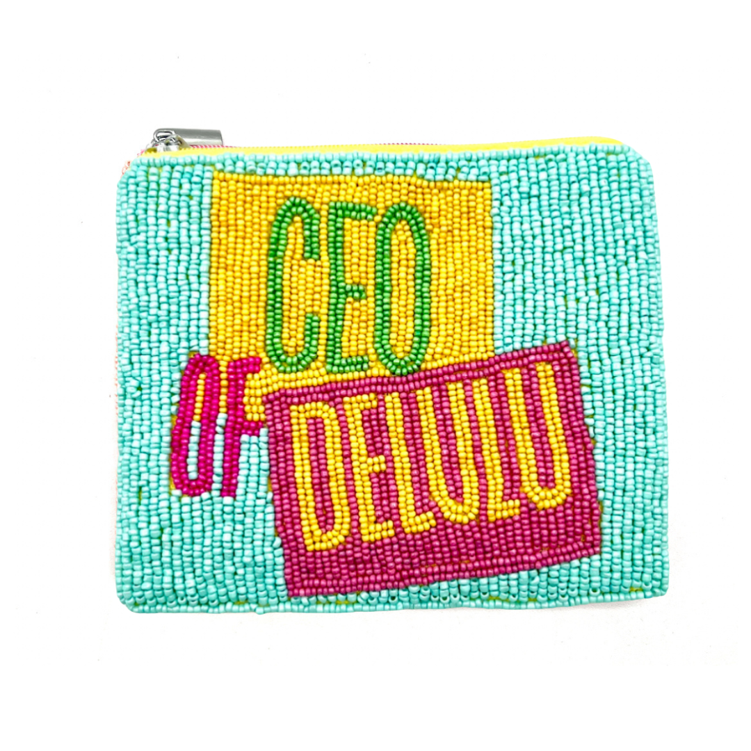 Beaded pouch with 'CEO of Delilu' text on a white background