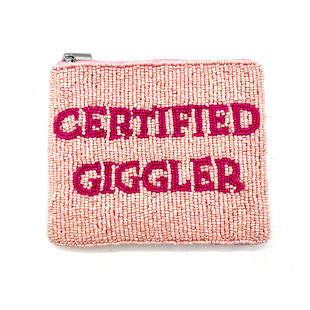 Pink beaded pouch with 'CERTIFIED GIGGLER' text on a white background
