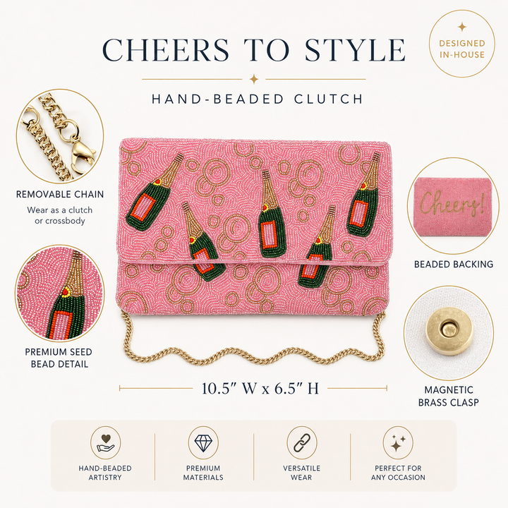 Pink Champagne Bottle Beaded Clutch &amp; Crossbody Bag