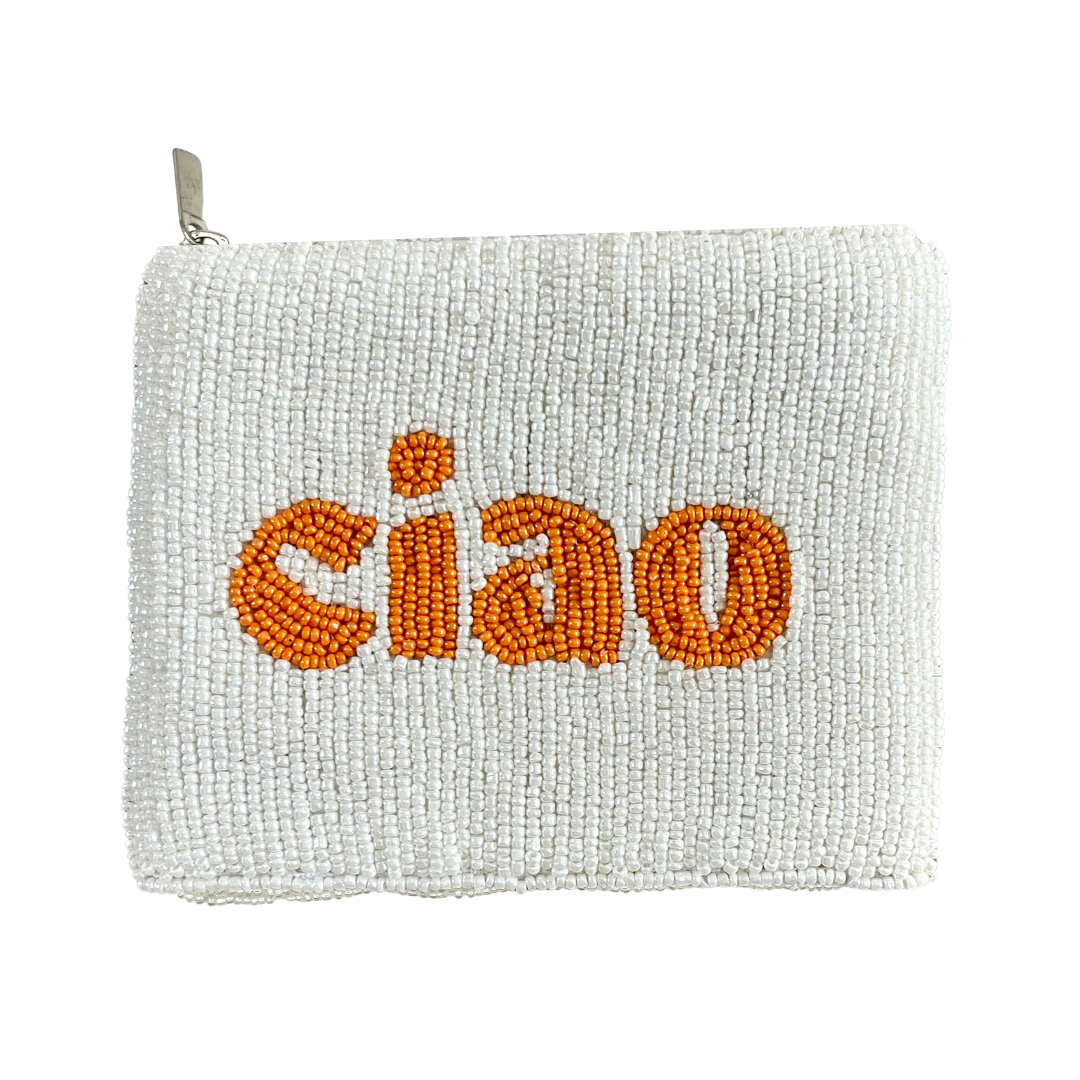 White beaded pouch with 'ciao' in orange beads on a white background