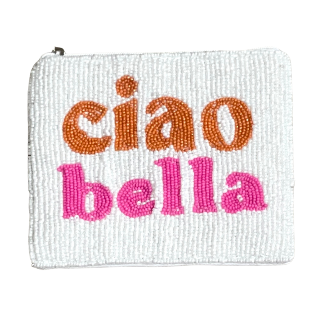 White beaded pouch with 'ciao bella' text in orange and pink on a white background