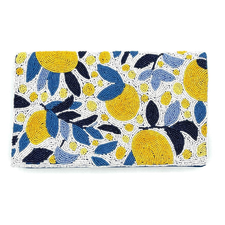 Clutch bag with blue and yellow floral pattern on a white background