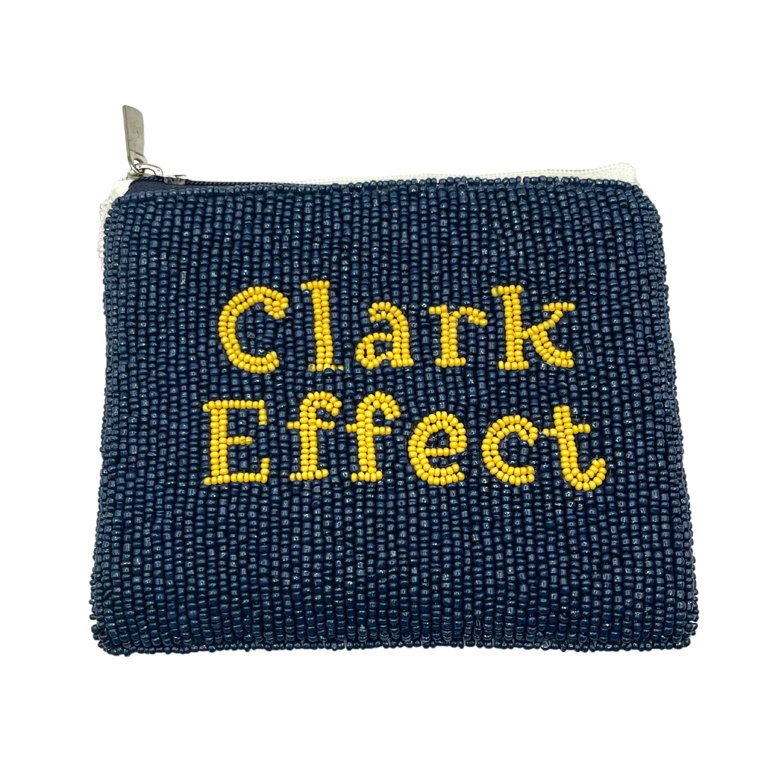 Navy blue beaded pouch with 'Clark Effect' in yellow on a white background