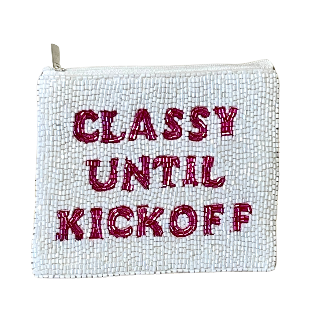 White mesh pouch with red text 'CLASSY UNTIL KICKOFF' on a white background
