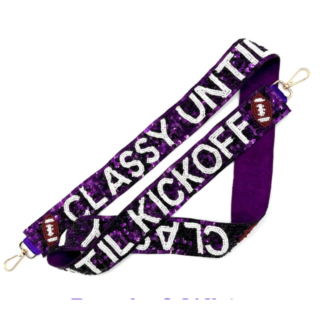 Purple and white lanyard with text 'CLASSY UNTIL KICKOFF' on a white background