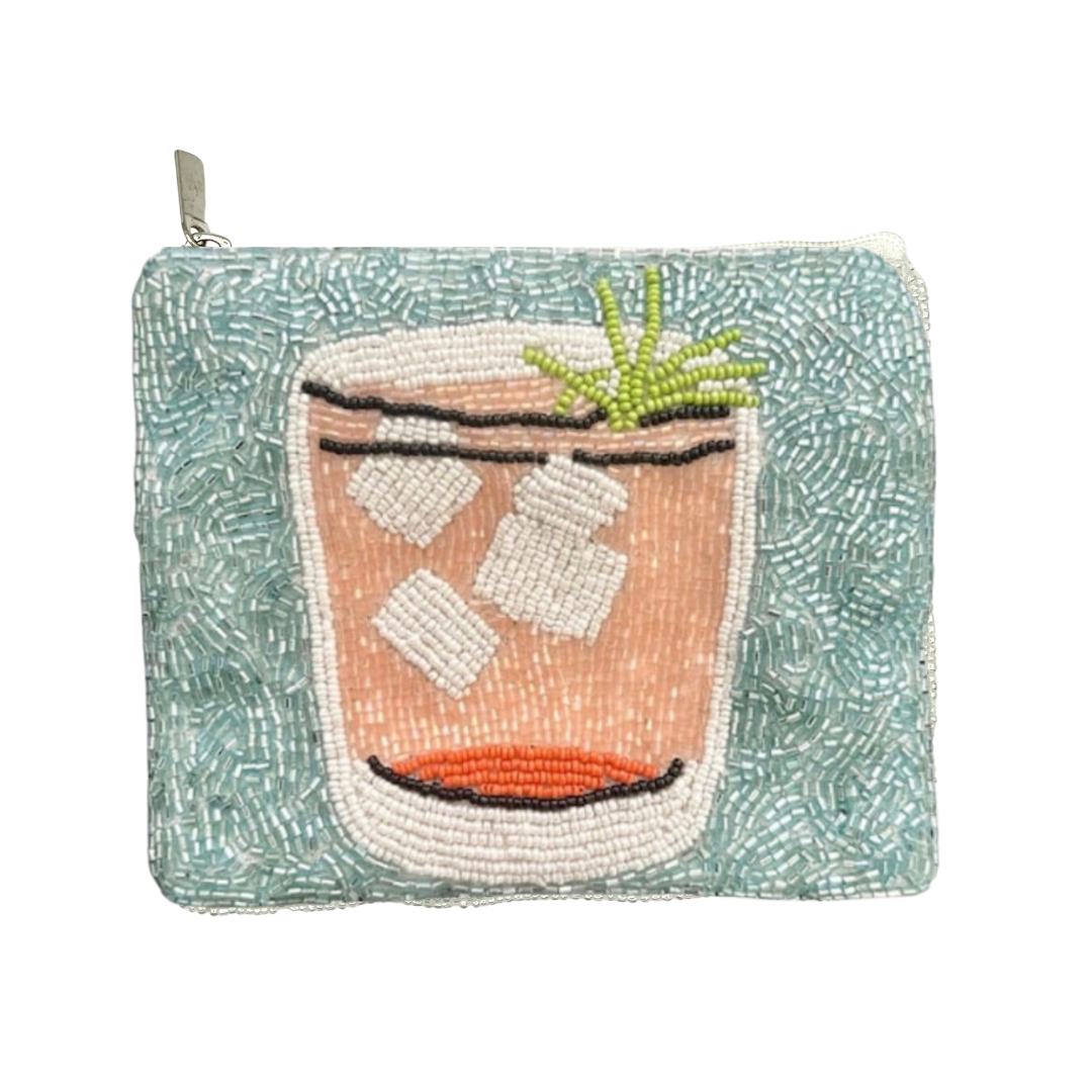 Pouch with a beaded design of a cocktail on a white background
