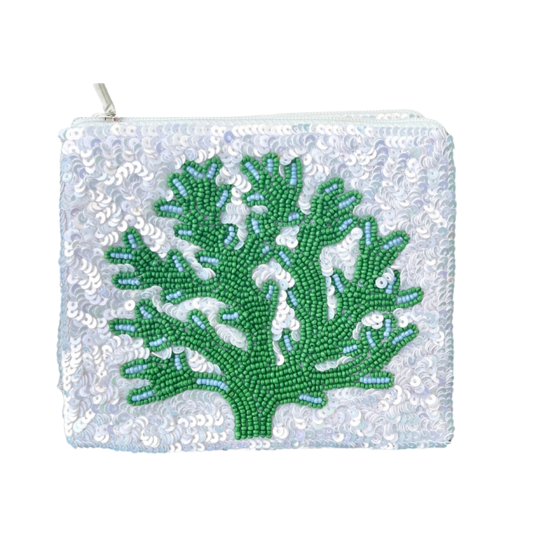 Pouch with green beaded coral design on a white background