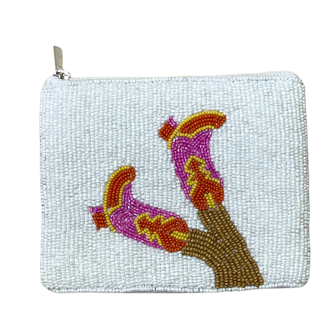 Small pouch with beaded design of a bird on a branch on a white background