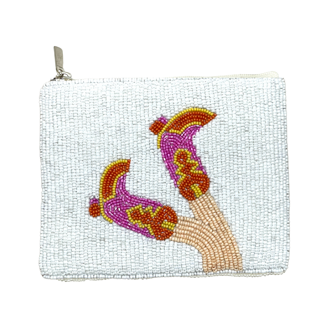 Beaded pouch with colorful design on a white background