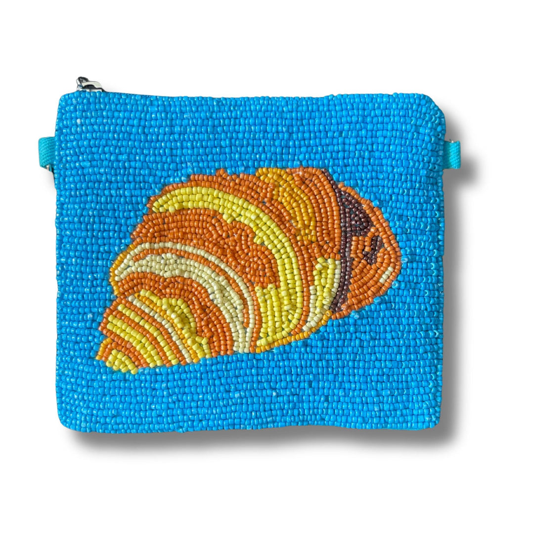 Blue beaded pouch with a croissant design on a white background