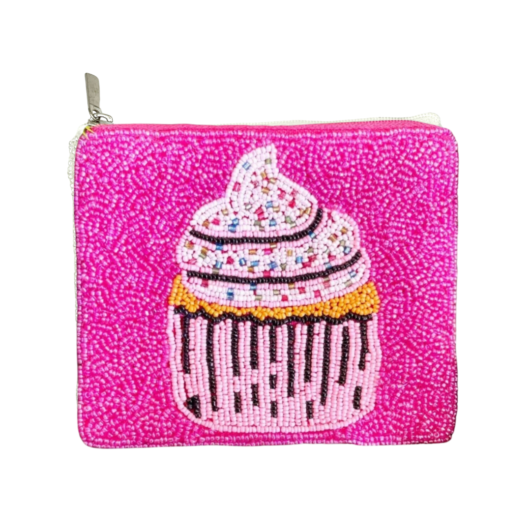 Pink glittery pouch with a cupcake design on a white background
