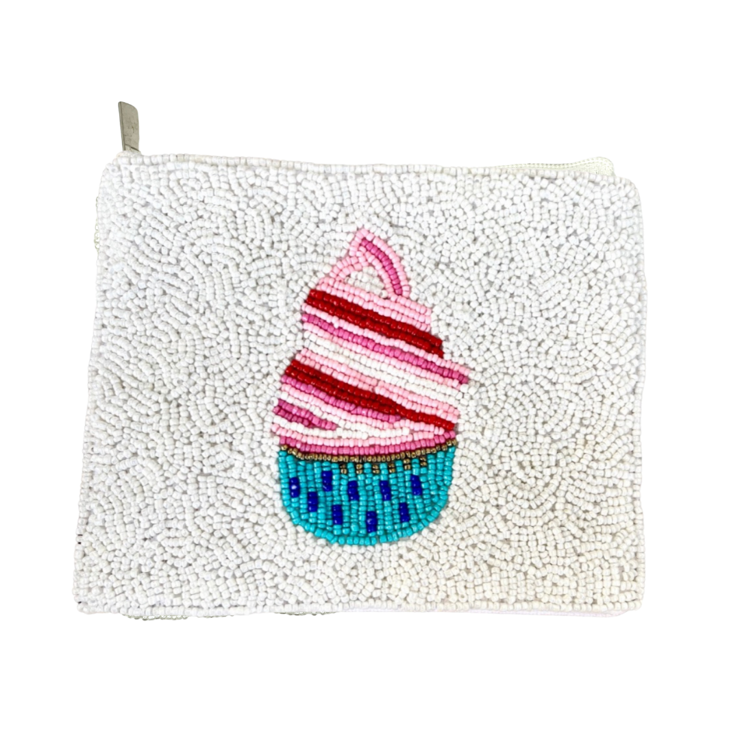 Decorative pouch with a beaded cupcake design on a white background