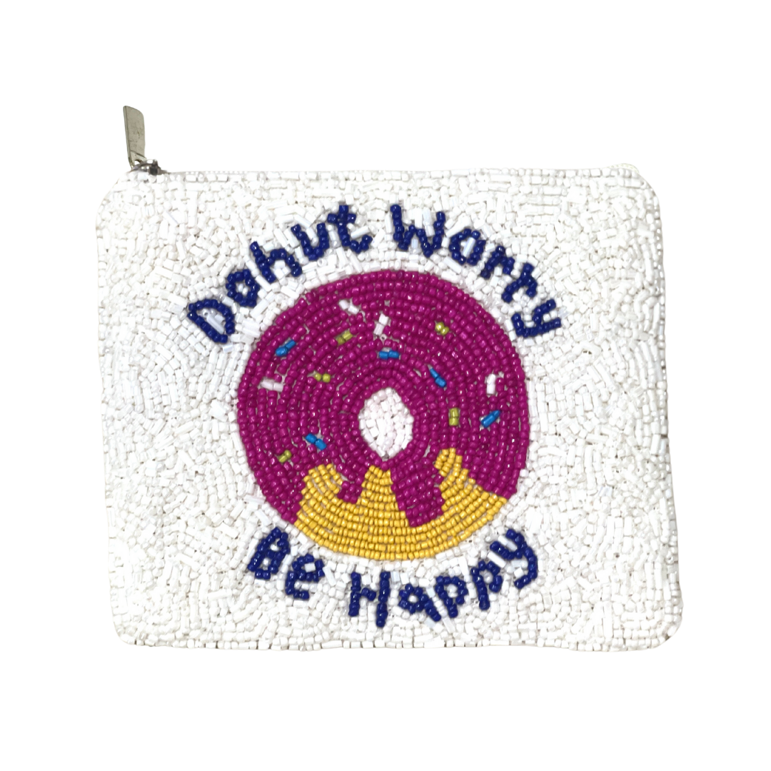 Beaded pouch with a donut design and text on a white background