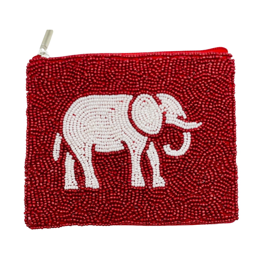 Red beaded pouch with a white elephant design on a white background