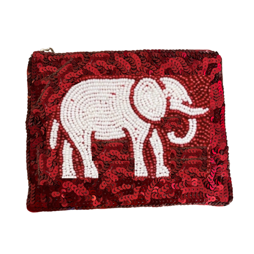 Red pouch with white elephant design on a white background