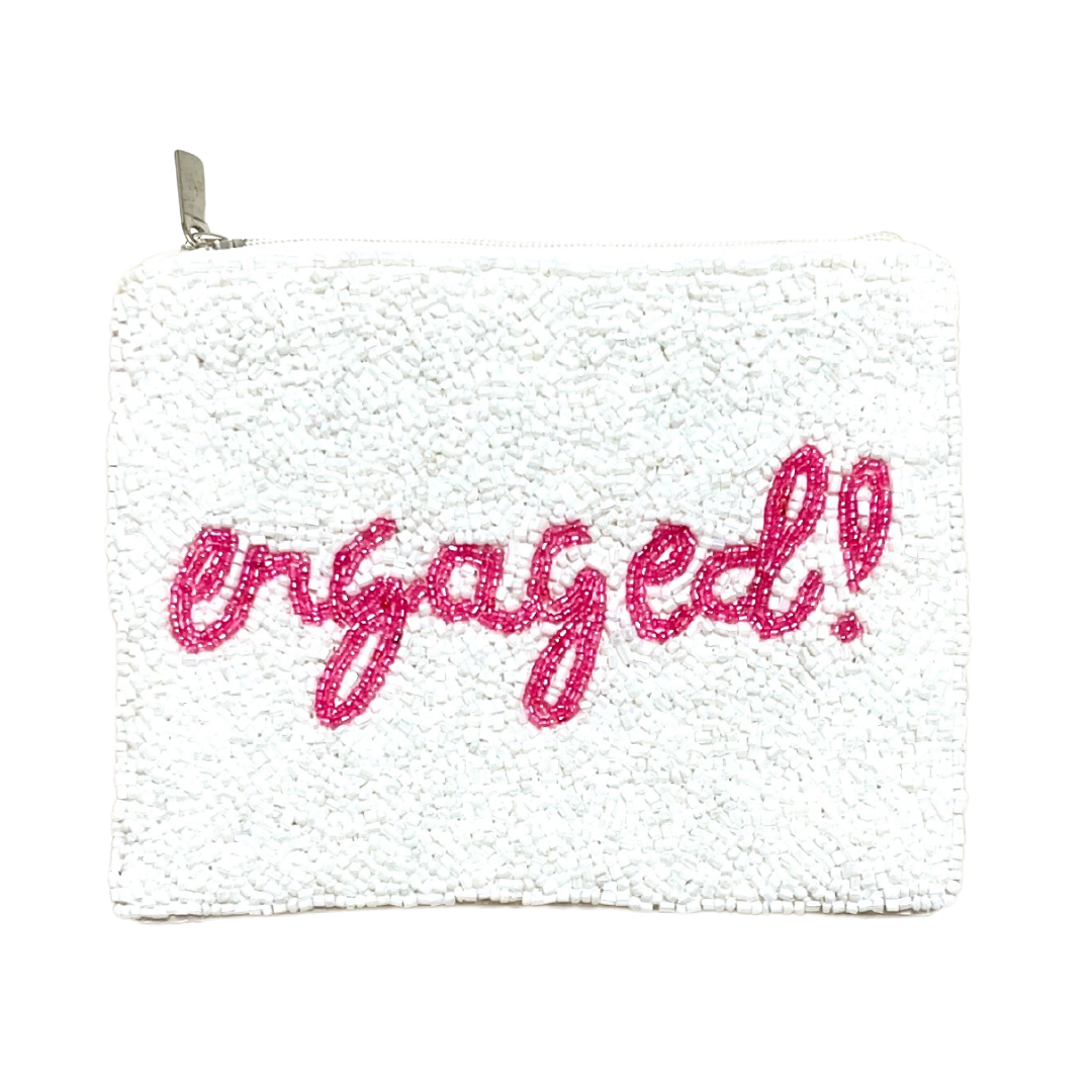 White textured pouch with 'engaged!' text in pink on a white background