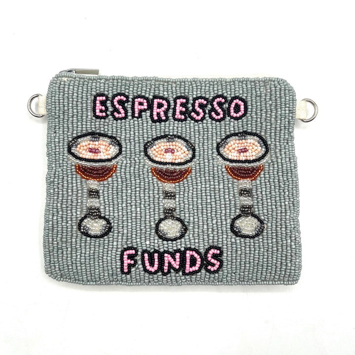 Beaded pouch with espresso-themed design and 'Espresso Funds' text on a white background