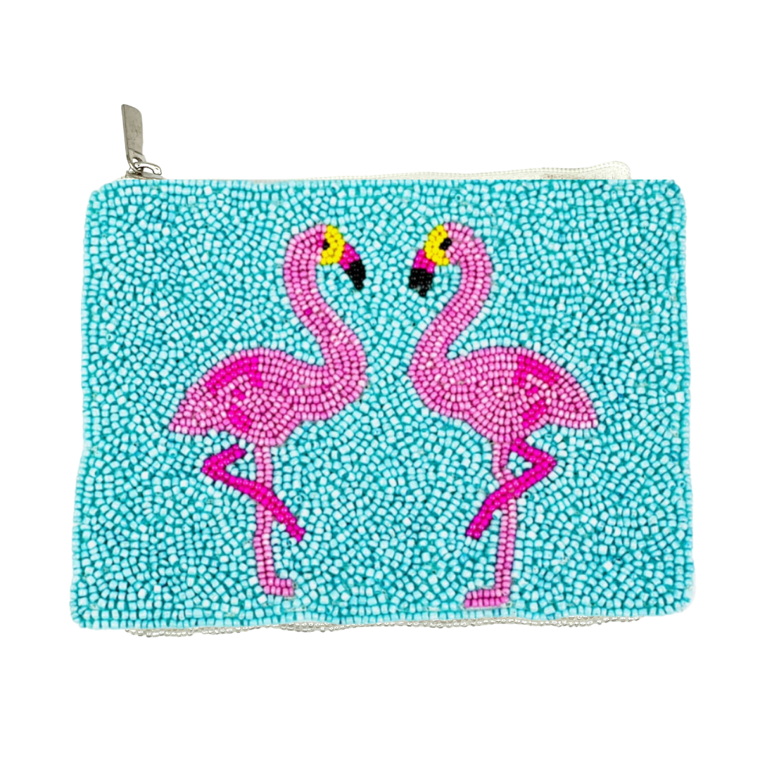 Turquoise beaded pouch with pink flamingo designs on a white background