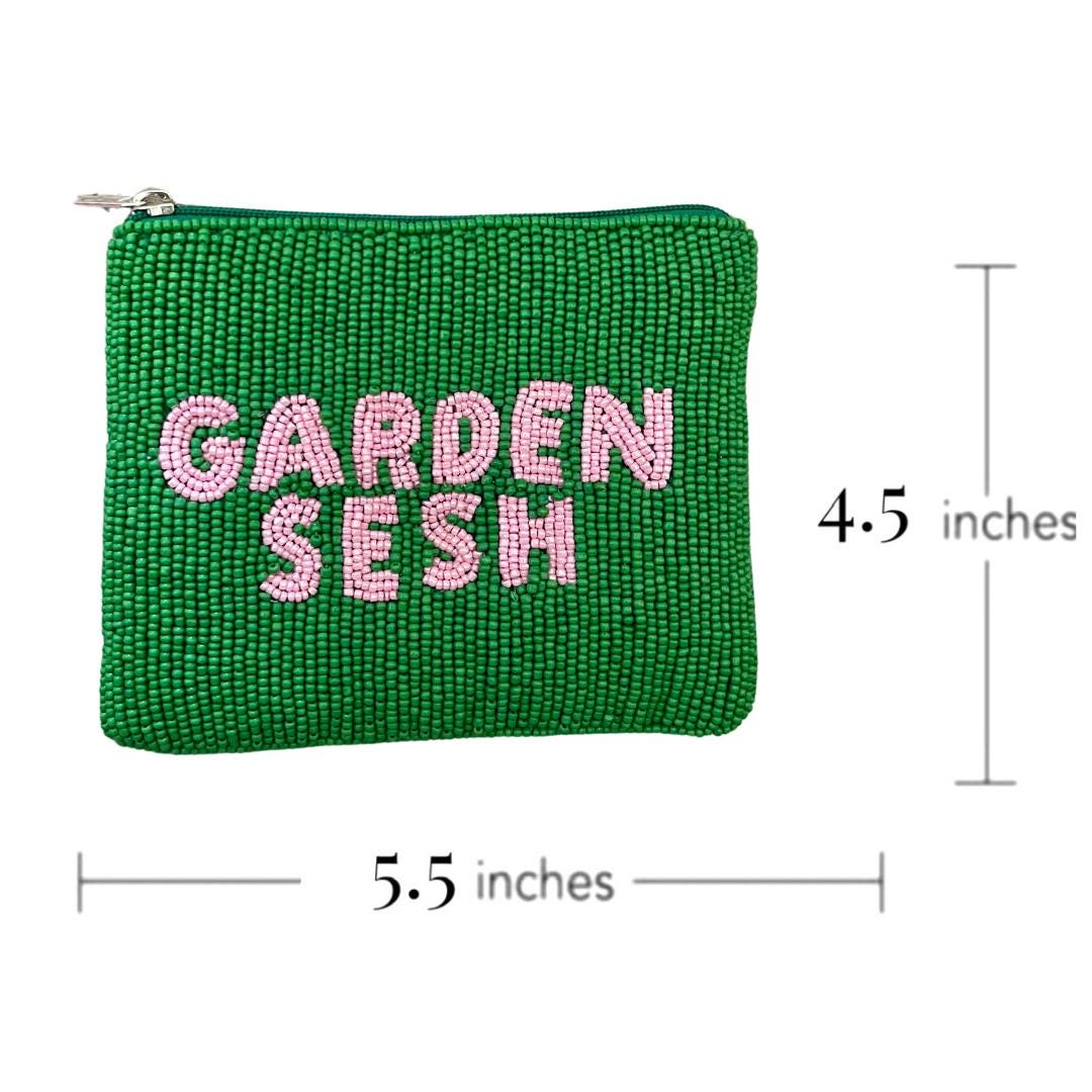 Green beaded pouch with 'Garden Sesh' text and measurements on a white background