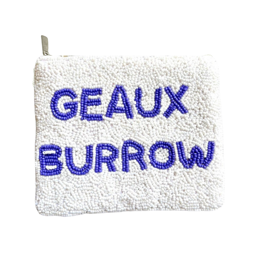 White towel with blue text 'GEAUX BURROW' on a white background
