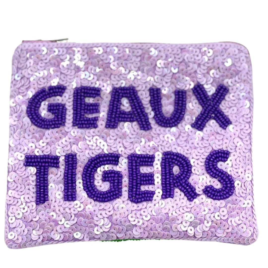 Sequined pouch with 'GEAUX TIGERS' text on a white background