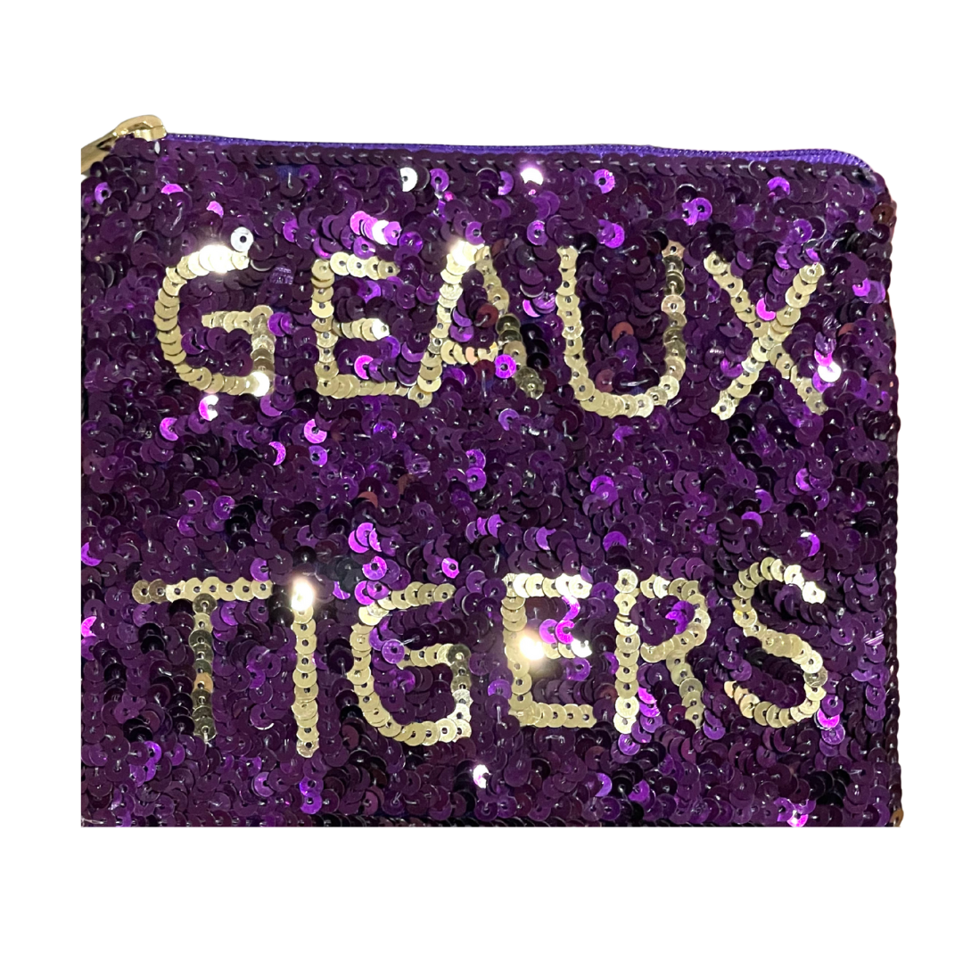 Purple sequin pouch with 'GEAUX TIGERS' text on a white background