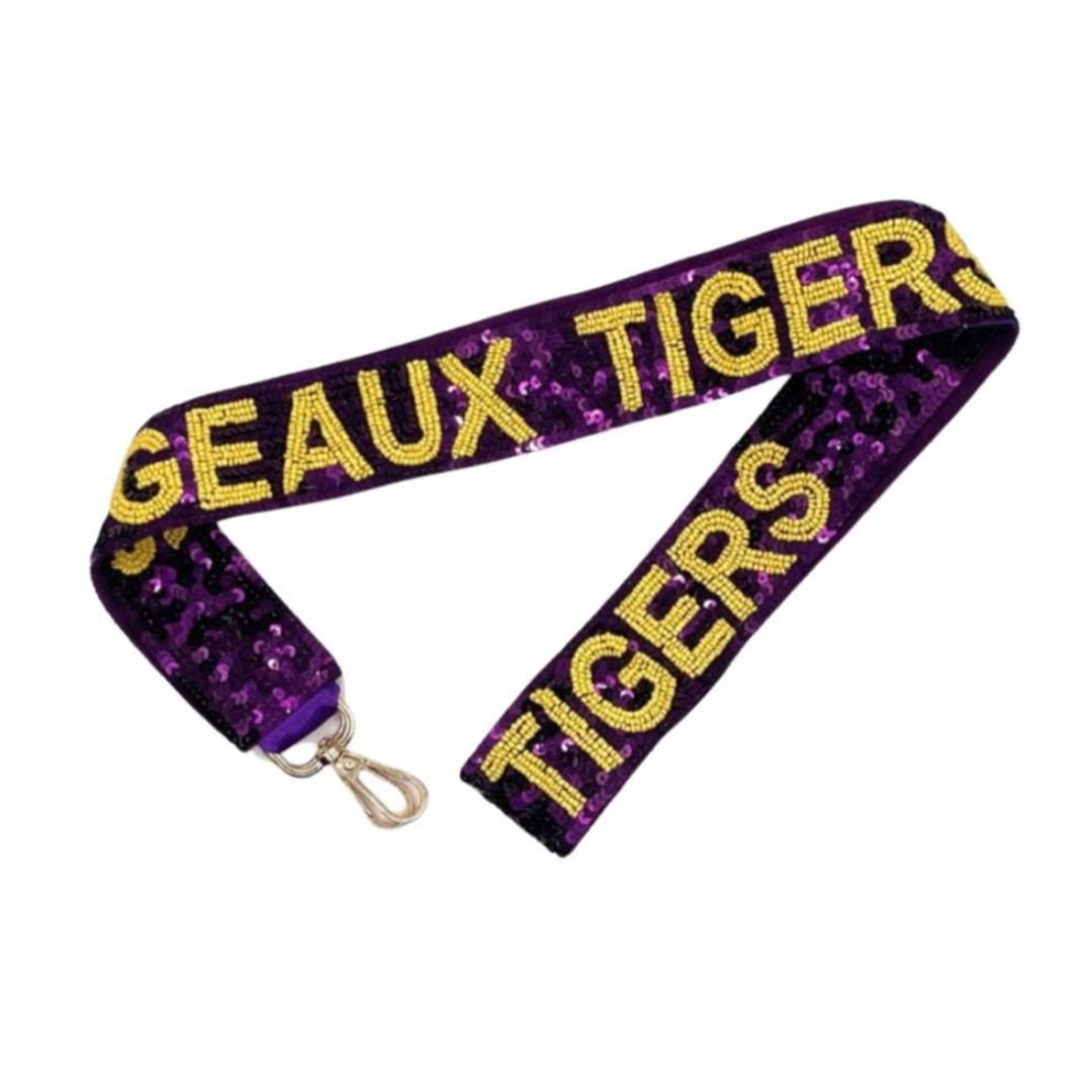 Lanyard with 'Geaux Tigers' text in gold on a purple background