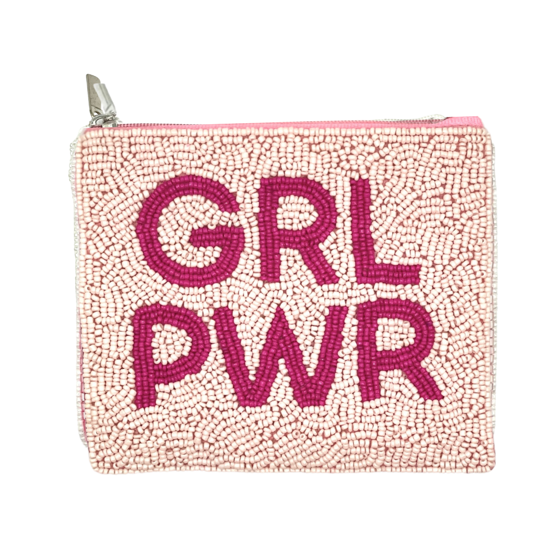 Pink beaded pouch with 'GRL PWR' text on a white background