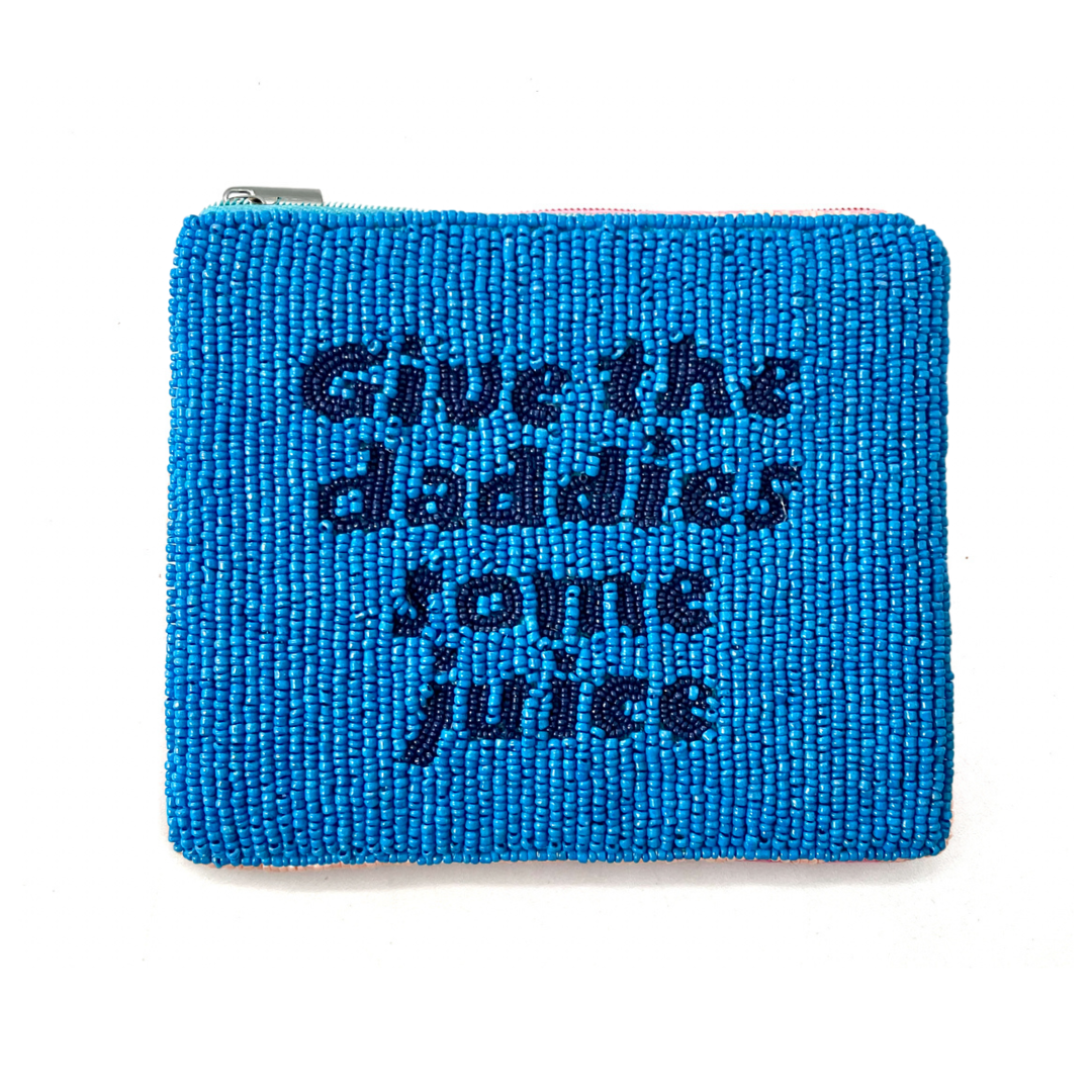 Blue beaded pouch with text on a white background
