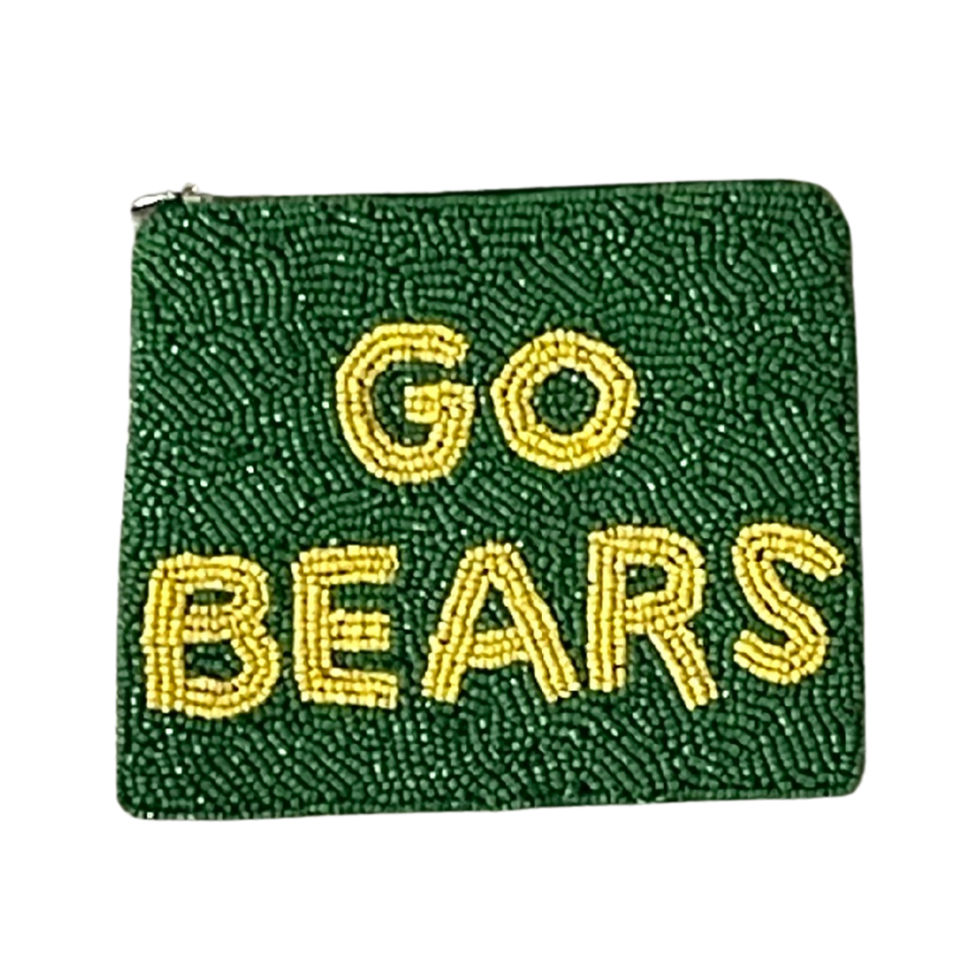 Green pouch with yellow 'GO BEARS' text on a white background