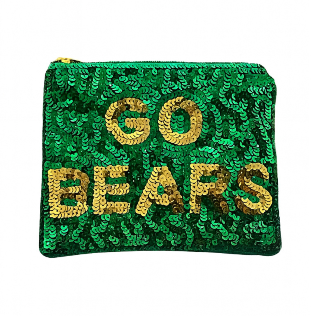 Green sequin pouch with 'GO BEARS' text on a white background