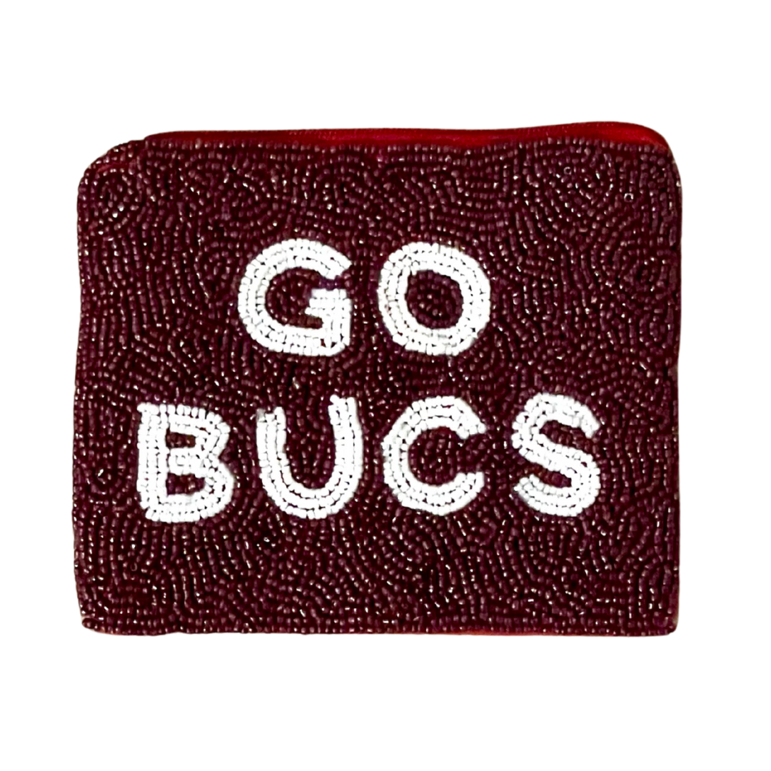 Red beaded pouch with 'GO BUCS' text on a white background