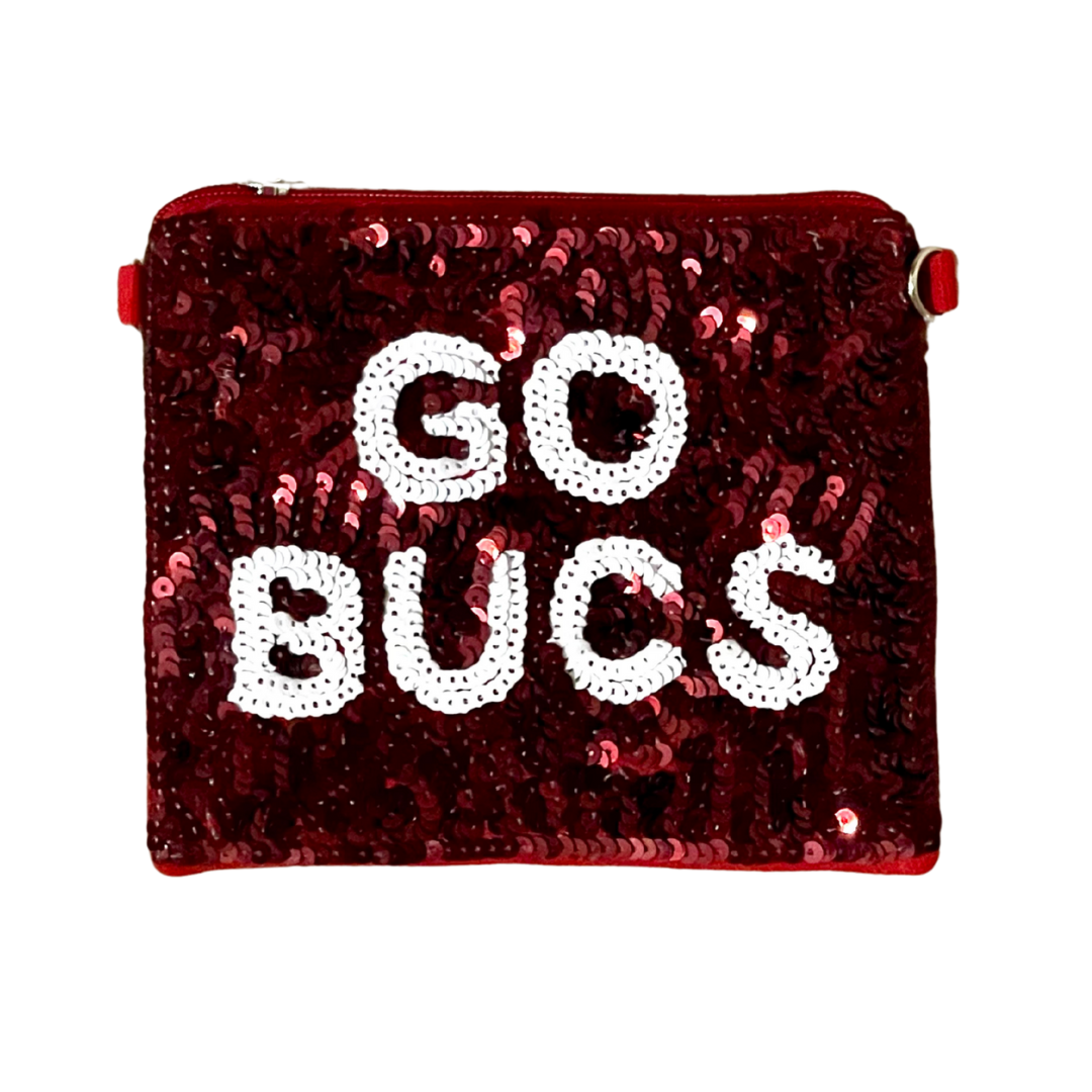 Red sequin pouch with 'GO BUCS' text on a white background