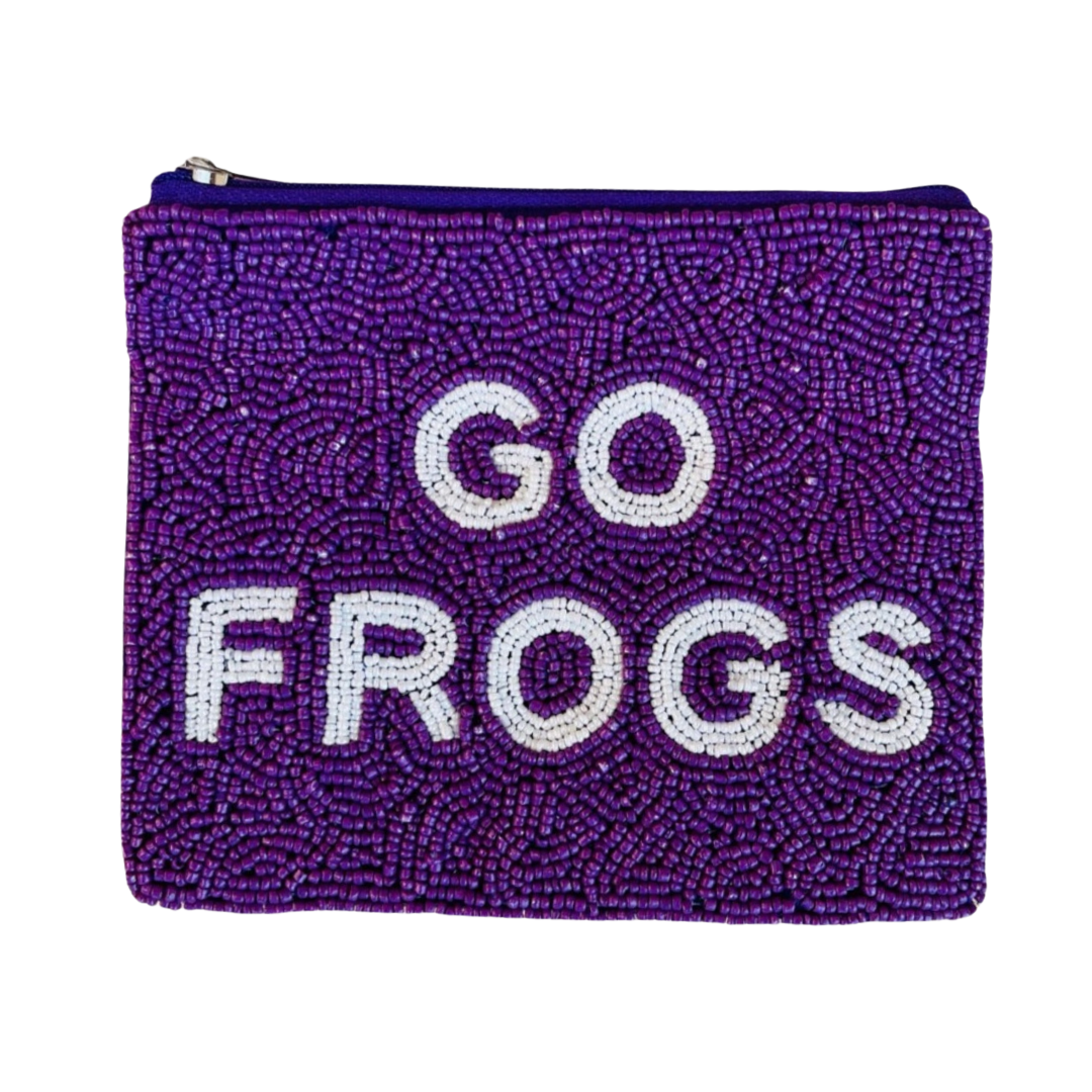 Purple beaded pouch with 'GO FROGS' text on a white background