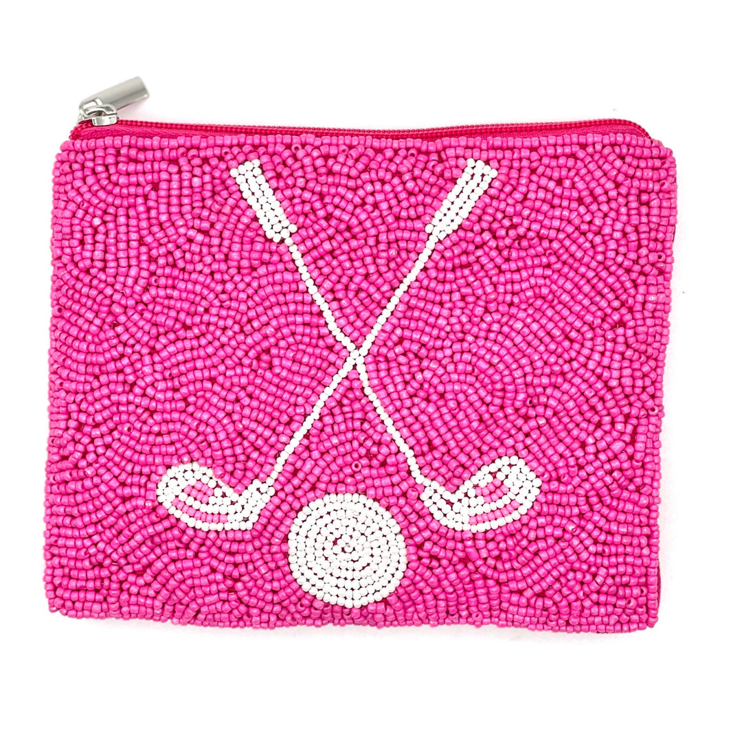 A pink beaded coin purse with a golf ball and clubs design, featuring a zipper closure.
