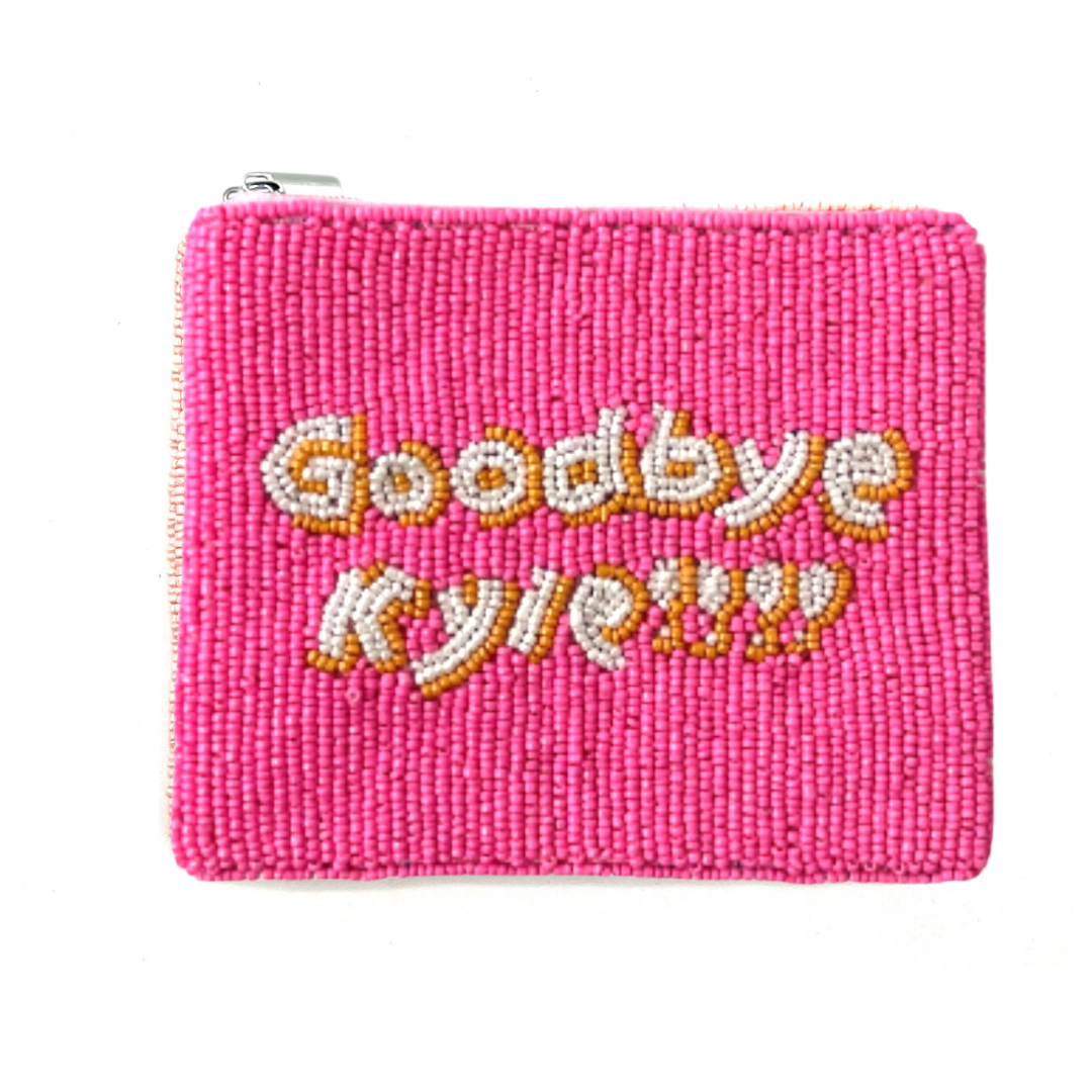 Pink beaded pouch with 'Goodbye Kawaii' text on a white background