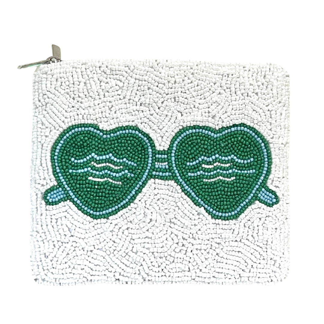 Beaded pouch with green heart-shaped sunglasses design on a white background
